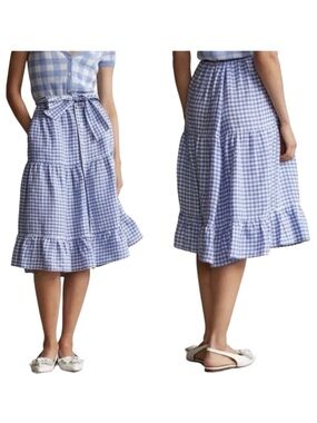 POLO Ralph Lauren Blue Gingham Linen Tiered Ruffle Midi Skirt Pockets Size 4